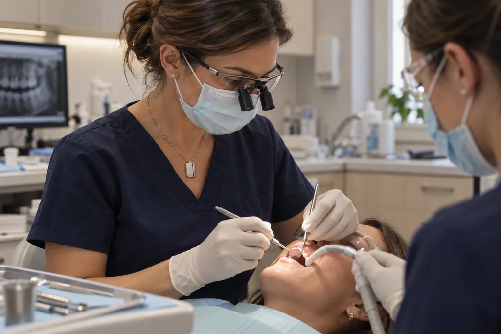 Illustration: a dentist in loupes, wearing the Vault necklace, examines a patient while an assistant helps.
