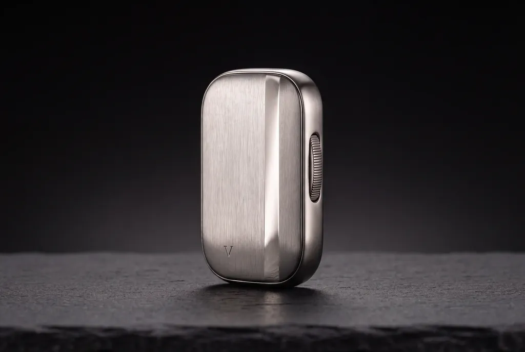 The silver Vault capsule standing on dark slate.