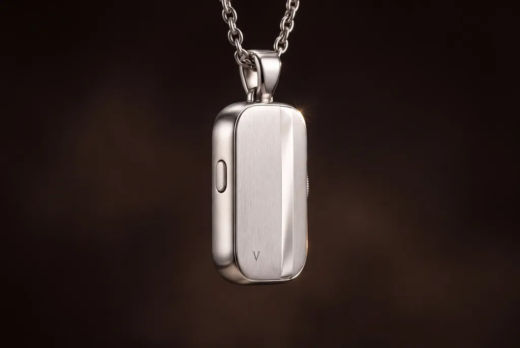 The Vault necklace hanging from its chain.