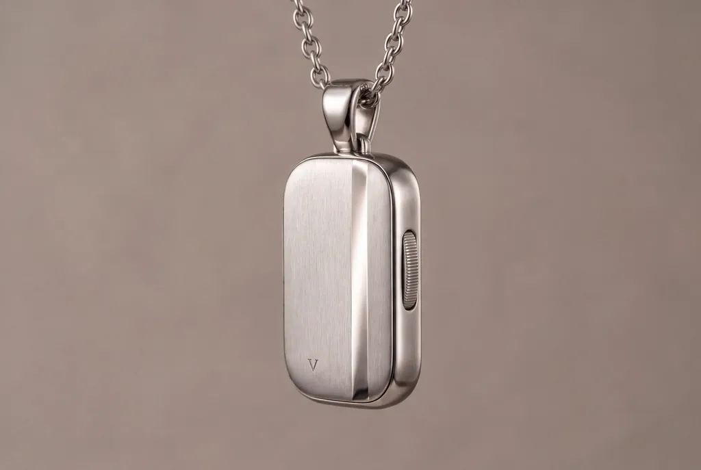 The Vault necklace hanging from its chain against a warm grey wall.