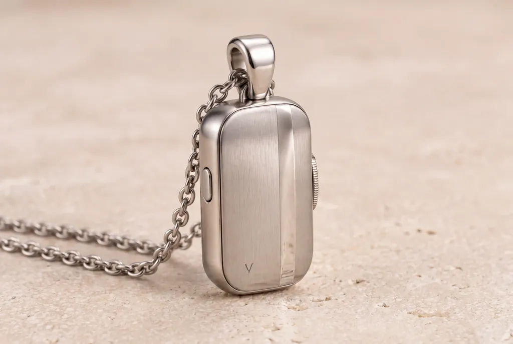 The Vault necklace resting on travertine.