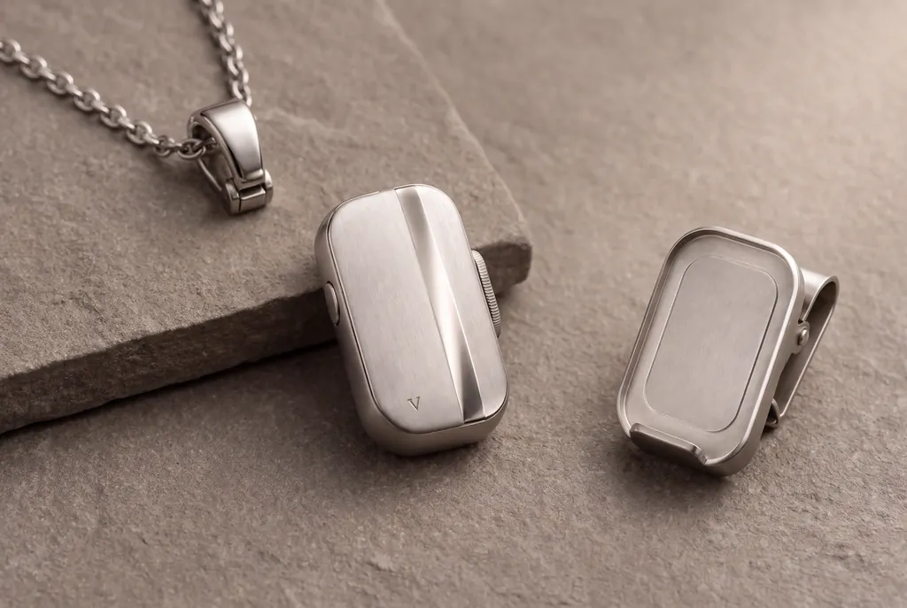 The Vault capsule with its necklace bail and its pocket clip.