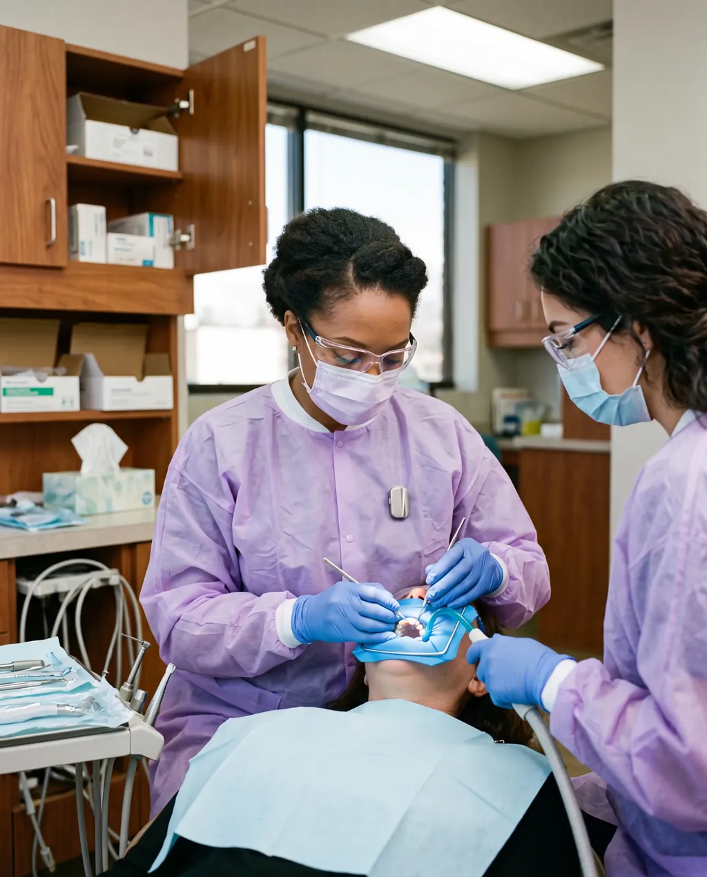 Illustration: a dentist with the Vault capsule clipped to her gown works on a patient with her assistant.